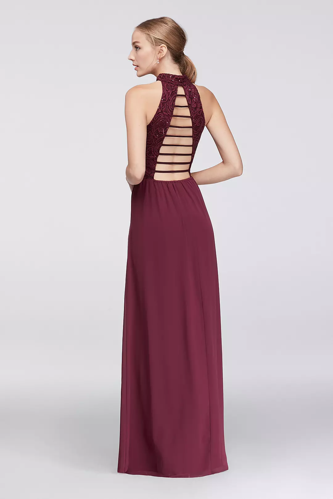Chiffon High-Neck Gown with Ladder Back Detail | David's Bridal