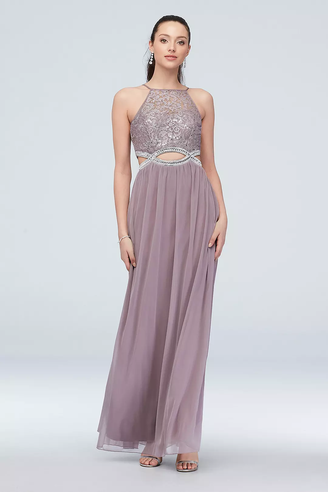 High-Neck Lace and Jersey Gown with Cutout Waist Image