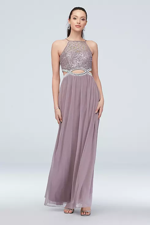 High-Neck Lace and Jersey Gown with Cutout Waist Image 1
