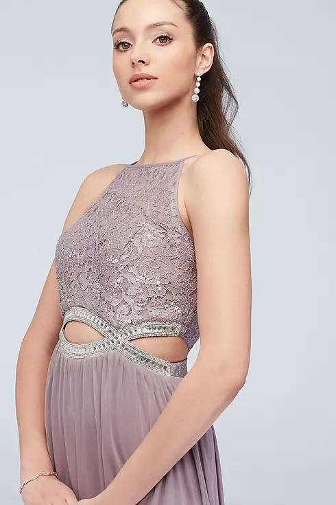 High-Neck Lace and Jersey Gown with Cutout Waist Image 3