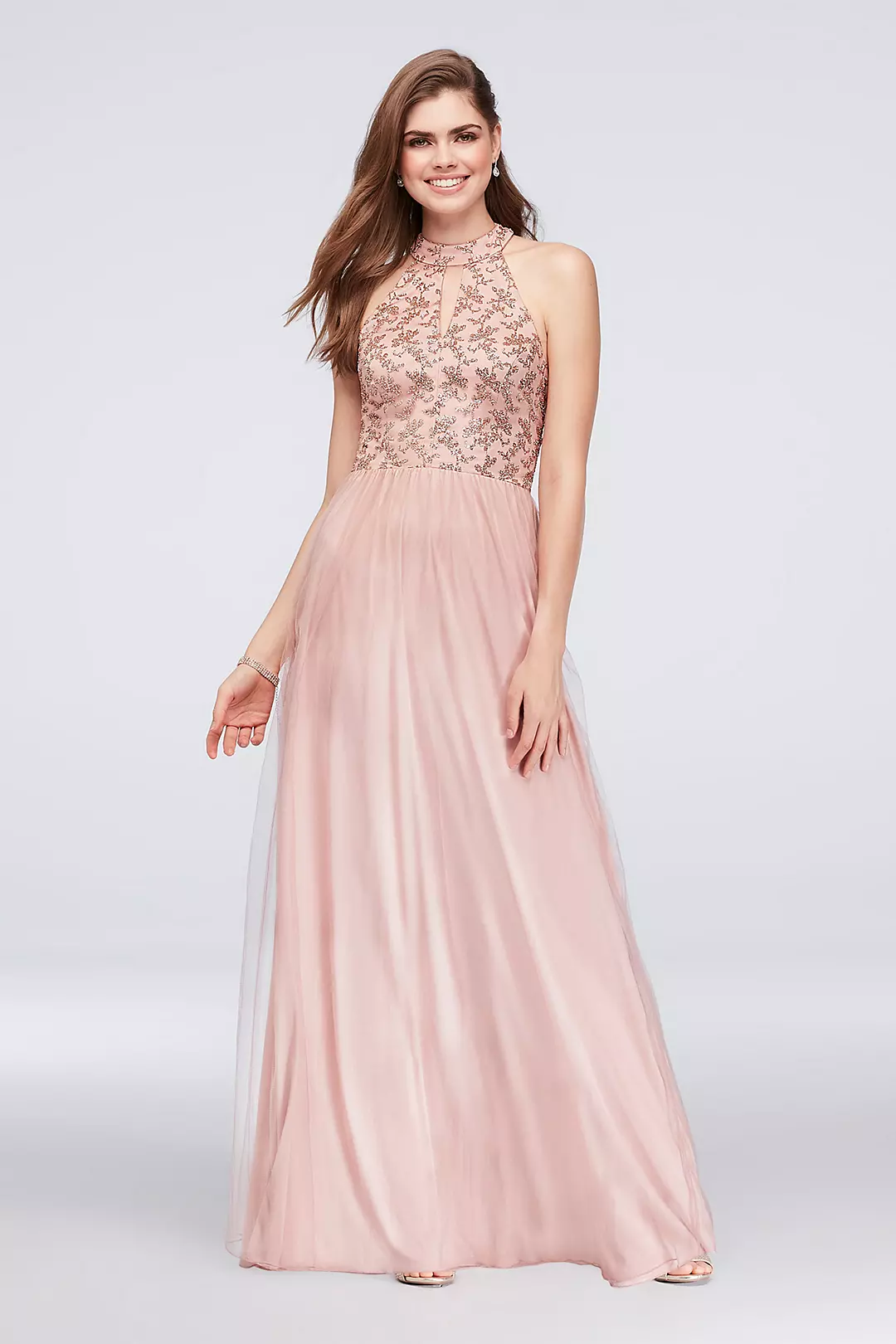 Sequin Chiffon Keyhole Bodice High-Neck Gown  Image