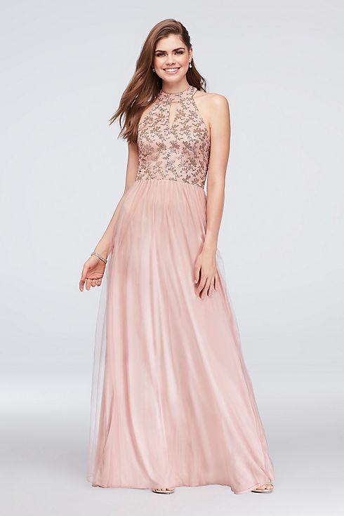 Sequin Chiffon Keyhole Bodice High-Neck Gown  Image 1