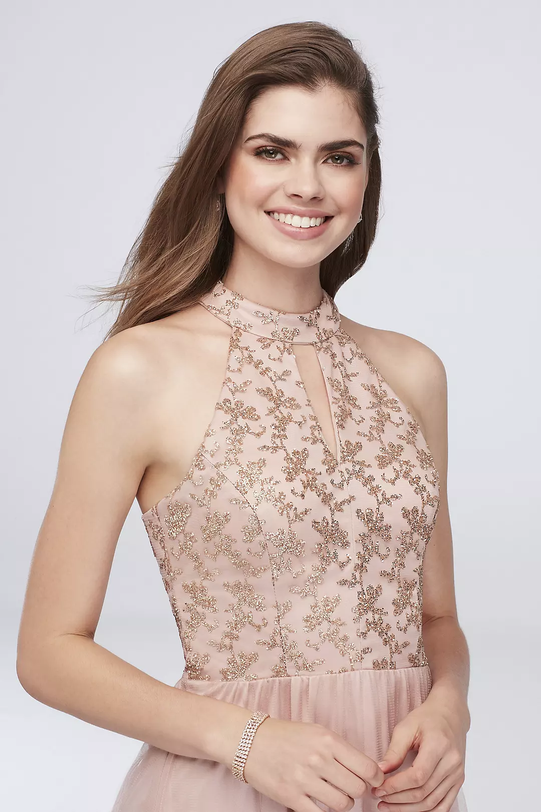 Sequin Chiffon Keyhole Bodice High-Neck Gown  Image 3