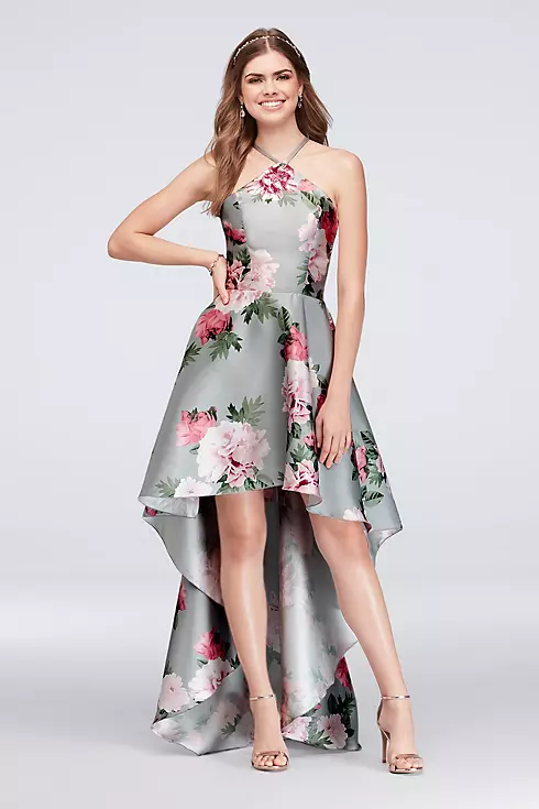 High-Low Y-Neck Satin Gown with Strappy Back Image 1
