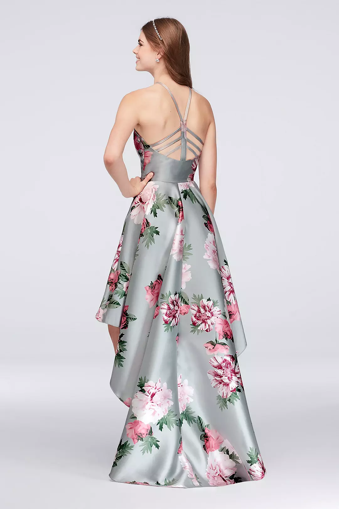 High-Low Y-Neck Satin Gown with Strappy Back Image 2
