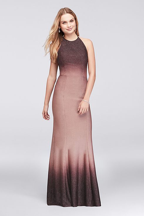 Ombre Glitter Knit Halter Sheath Gown  Image 1