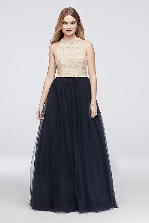 Beaded High-Neck Ball Gown with Tulle Skirt  Image