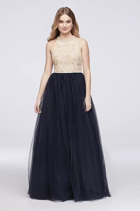 Beaded High-Neck Ball Gown with Tulle Skirt  Image 1