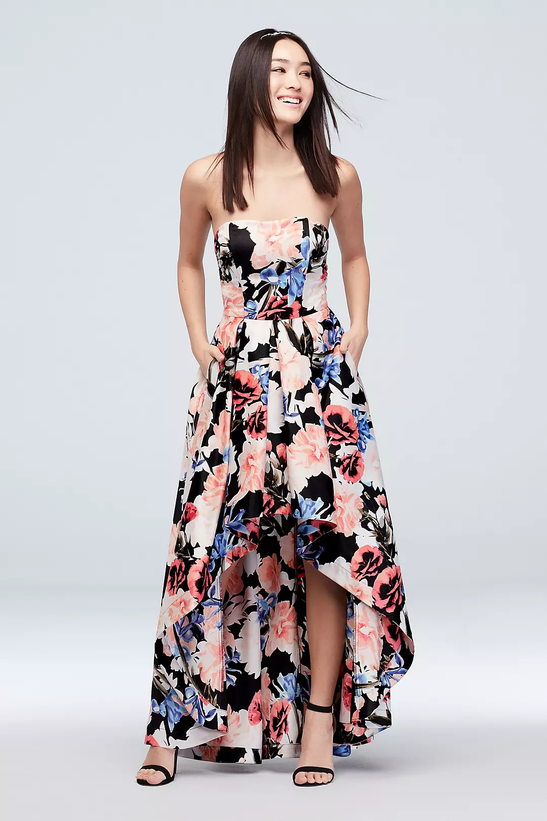 High-Low Strapless Floral Satin Fit-to-Flare Dress Image