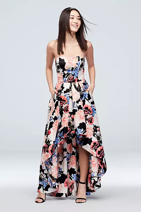 High-Low Strapless Floral Satin Fit-to-Flare Dress Image 1