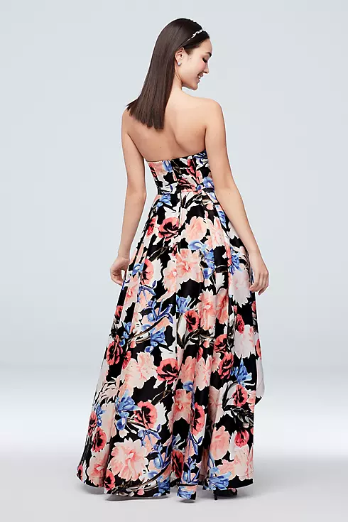 High-Low Strapless Floral Satin Fit-to-Flare Dress Image 2