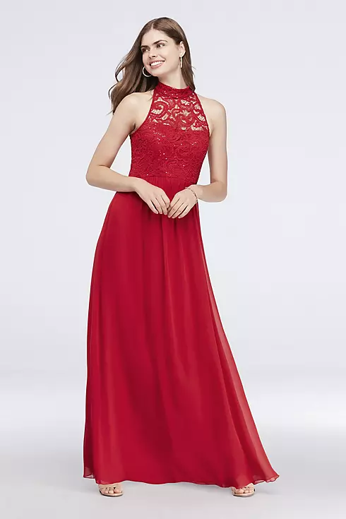 Illusion High-Neck Lace and Chiffon A-Line Gown Image 1