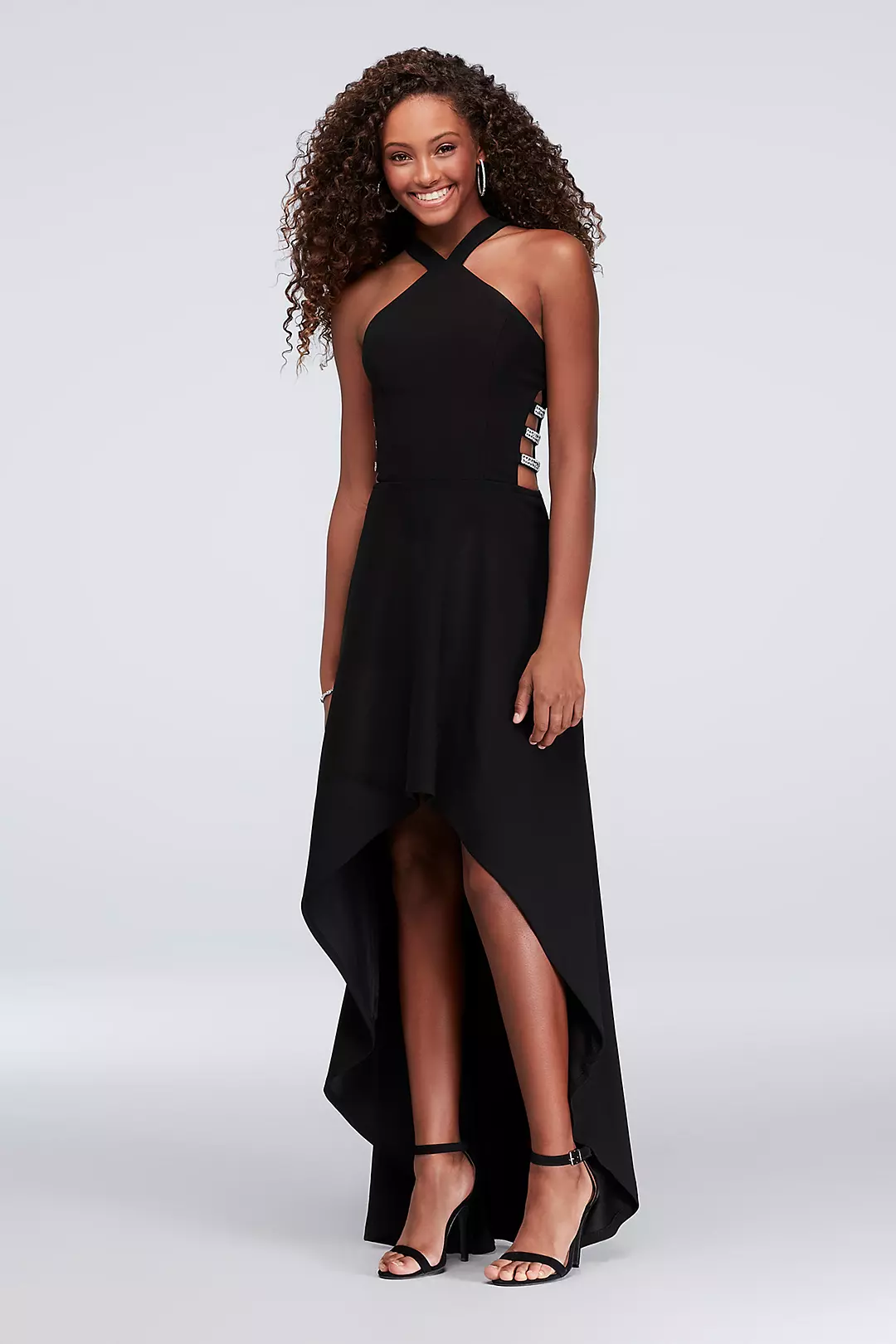 High-Low Y-Neck Gown with Jeweled Ladder Sides Image