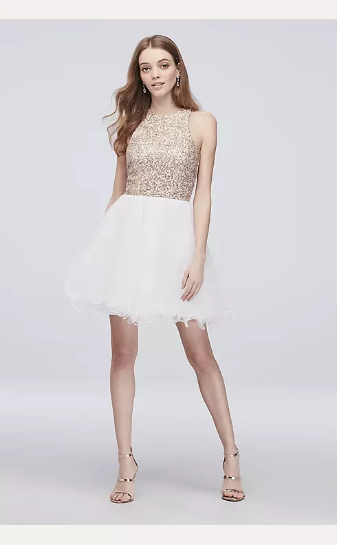 Short Sequin and Tulle Dress with Piping Applique Image 1