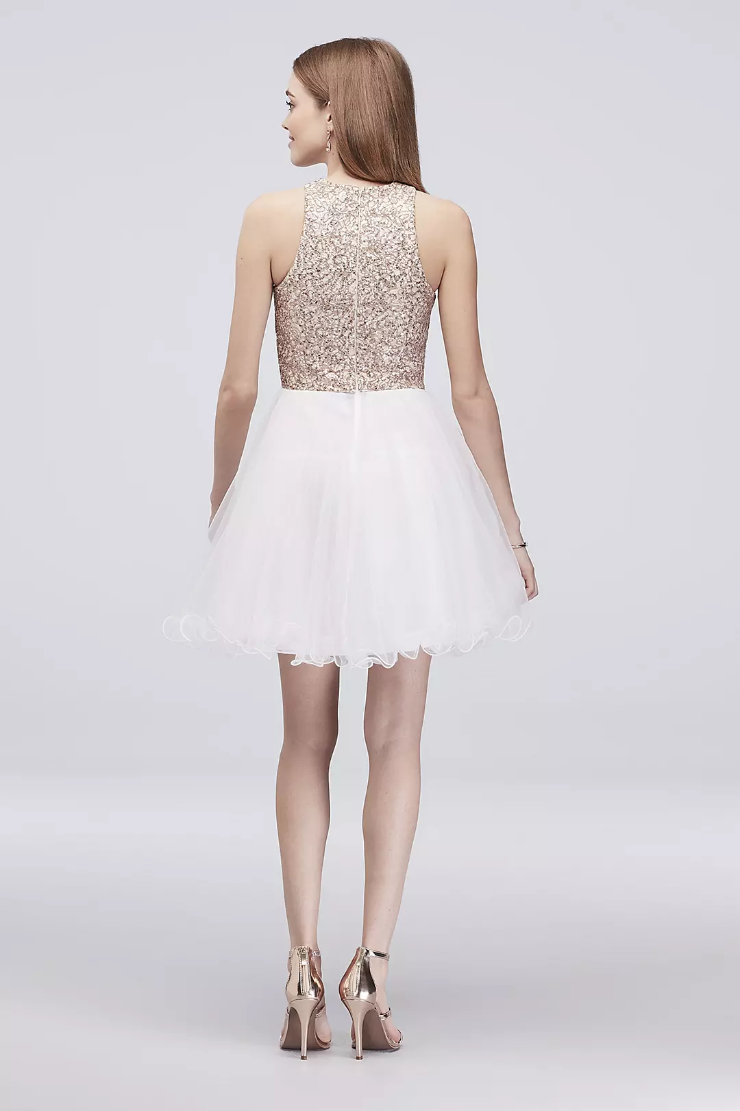 Short Sequin and Tulle Dress with Piping Applique Image 2