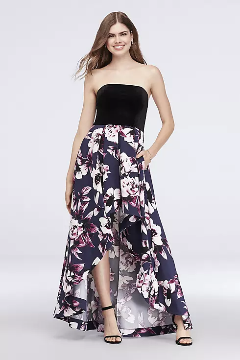 Strapless Jersey and Printed Twill High-Low Dress Image 1
