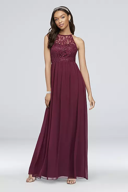 Illusion Lace and Chiffon Halter A-Line Gown Image 1