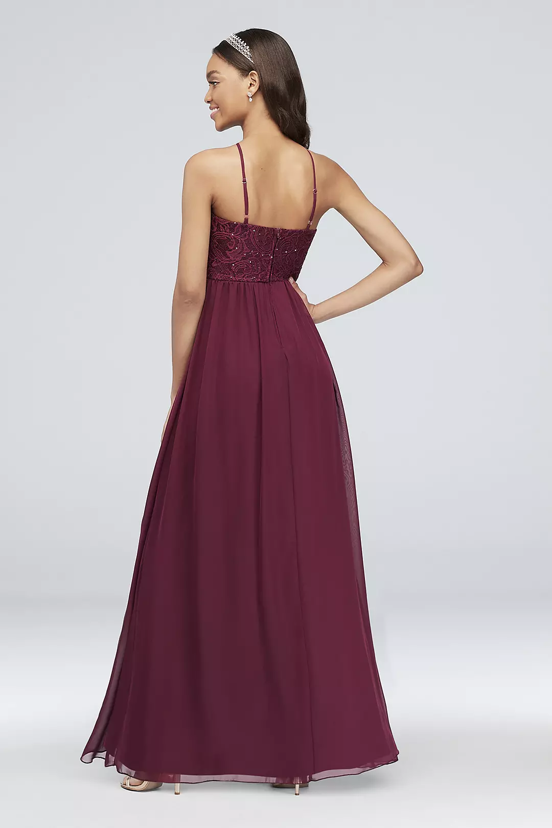 Illusion Lace and Chiffon Halter A-Line Gown Image 2