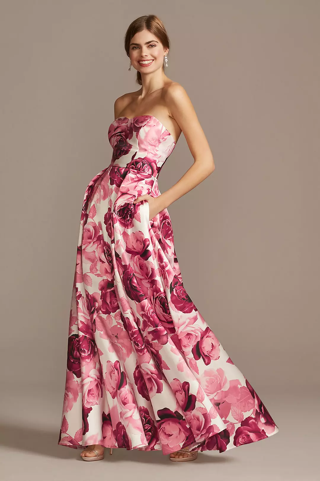 Floral Print Strapless Satin Gown with Pockets Image