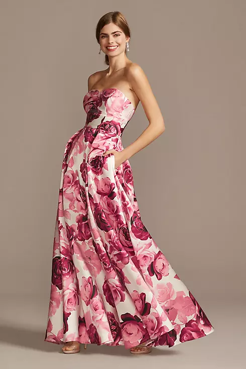 Floral Print Strapless Satin Gown with Pockets Image 1