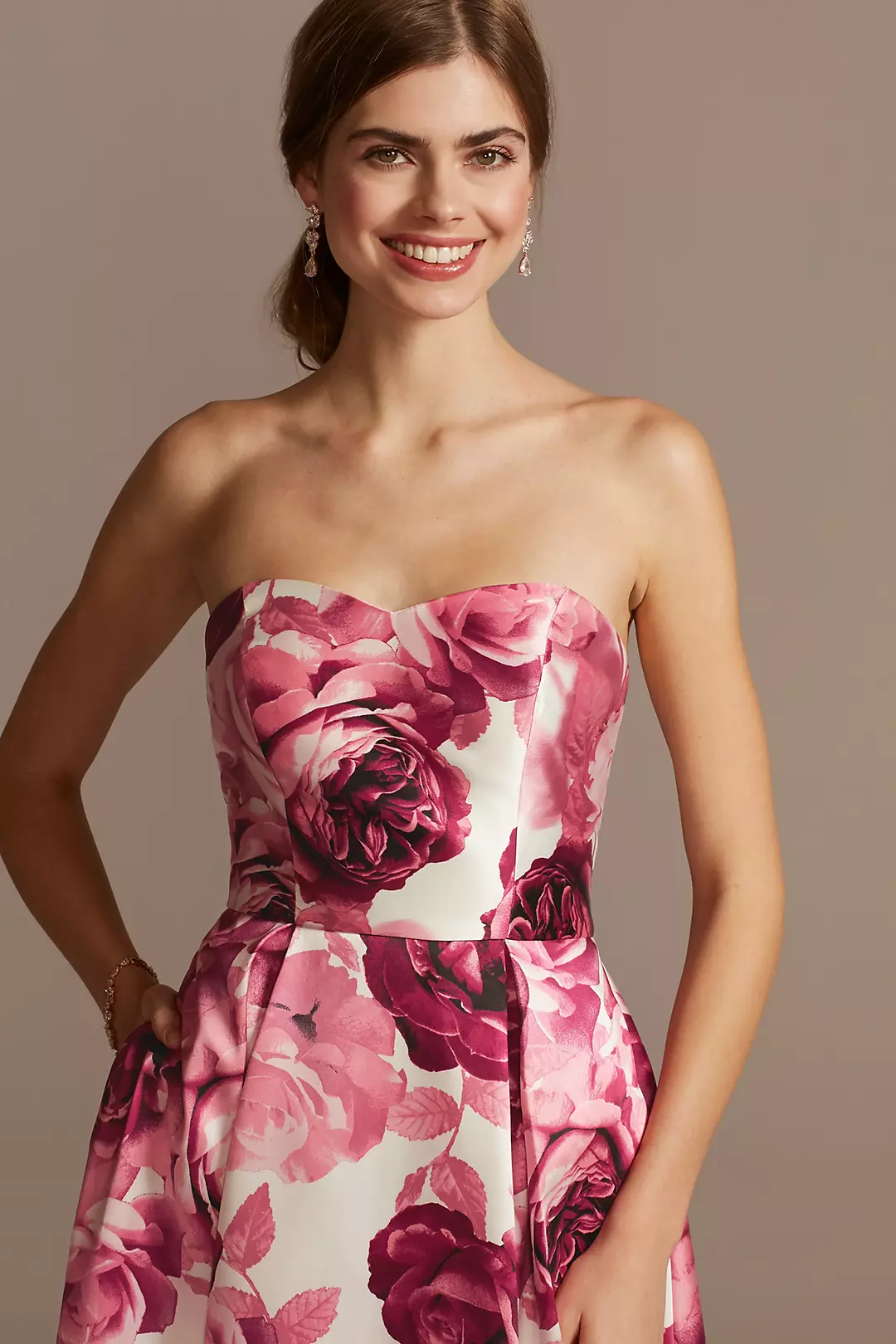 Floral Print Strapless Satin Gown with Pockets Image 3