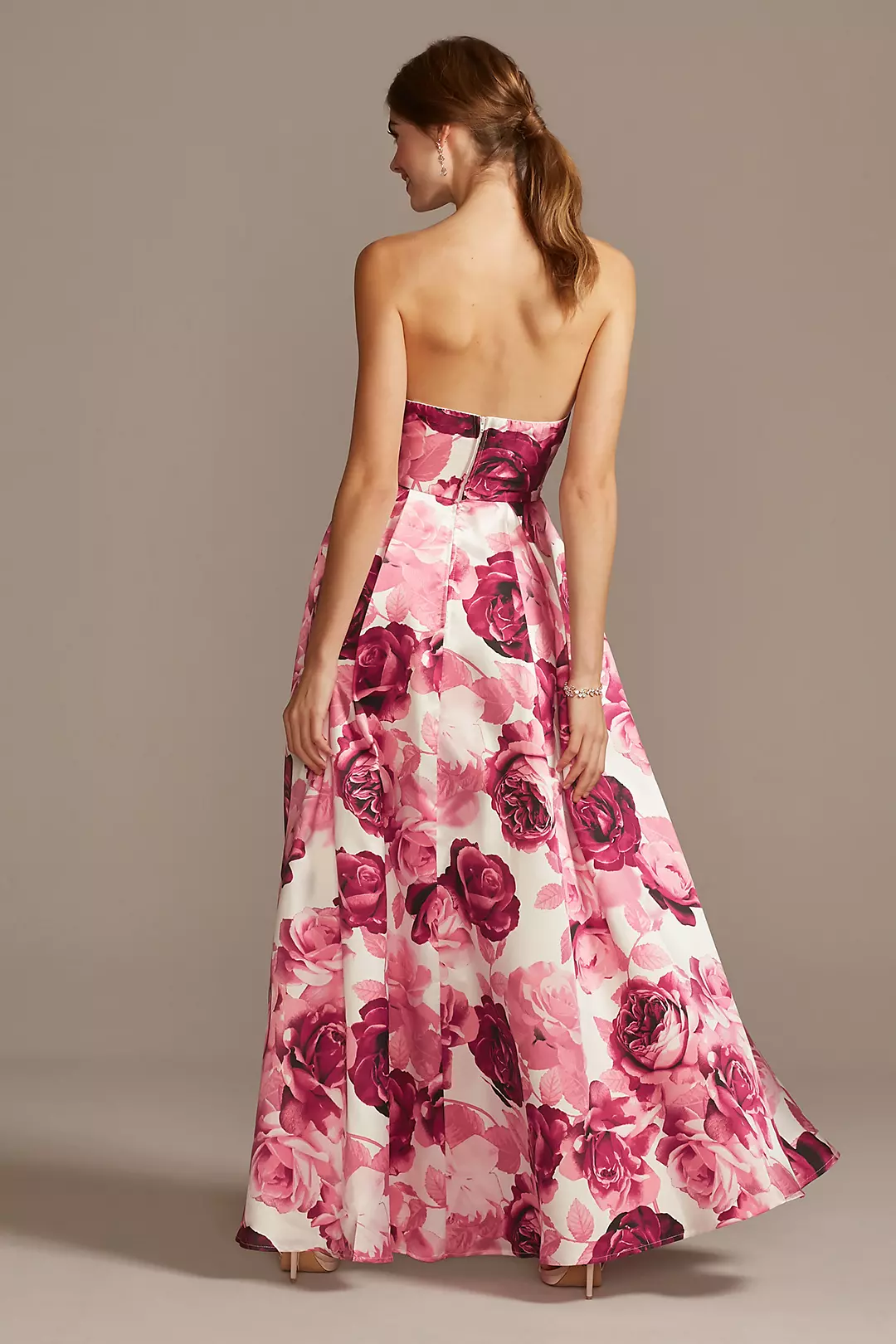 Floral Print Strapless Satin Gown with Pockets | David's Bridal