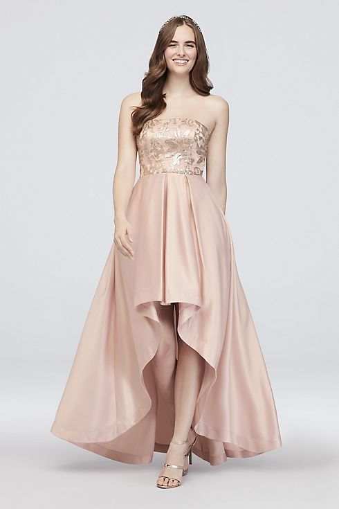 High-Low Satin Strapless Dress with Sequin Lace Image 4