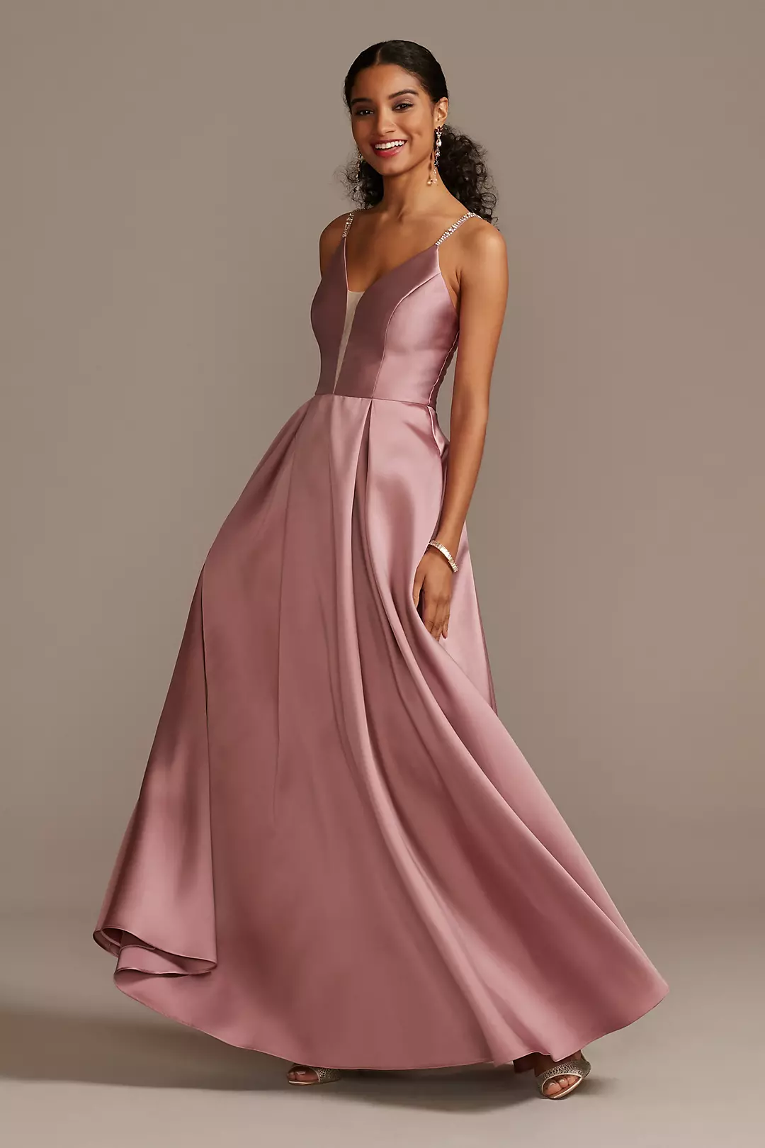 Satin Ball Gown with Deep-V Illusion Mesh Inset Image