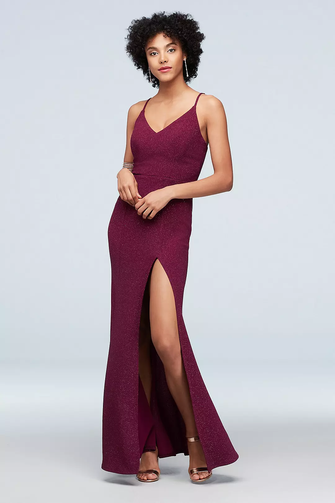 Skinny Strap V-Neck Glitter Sheath Dress with Slit Image