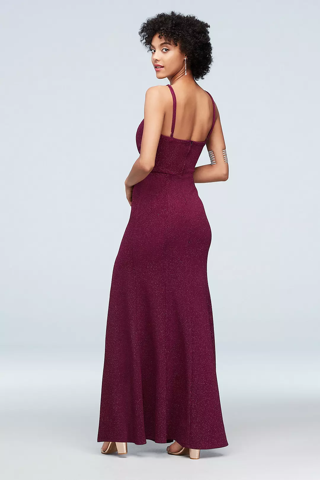 Skinny Strap V-Neck Glitter Sheath Dress with Slit | David's Skinny Strap V-Neck Glitter Sheath Dress with Slit | David's