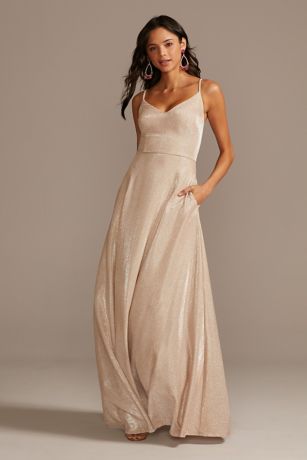 glitter knit spaghetti strap gown with pockets