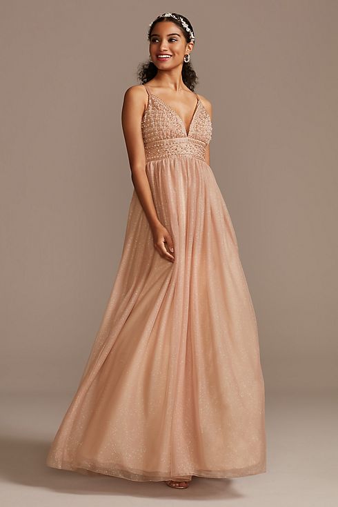 Glitter Tulle V-Neck Maxi Dress with Beaded Bodice Image