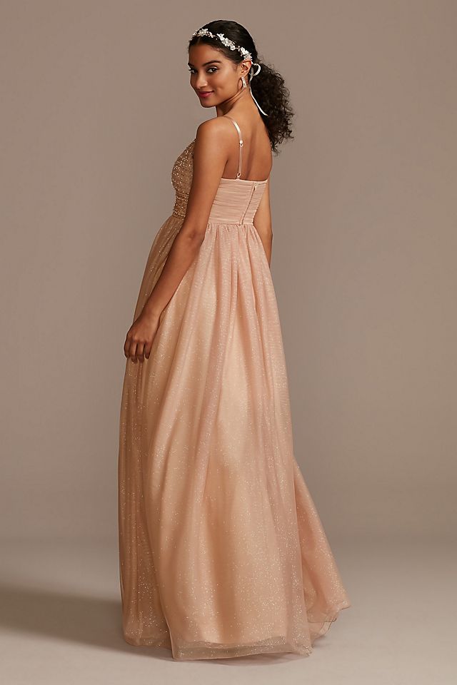 Glitter Tulle V-Neck Maxi Dress with Beaded Bodice Image 2