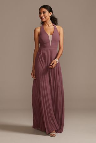 Floor-Length Chiffon Deep V-Neck Halter Dress | David's Bridal