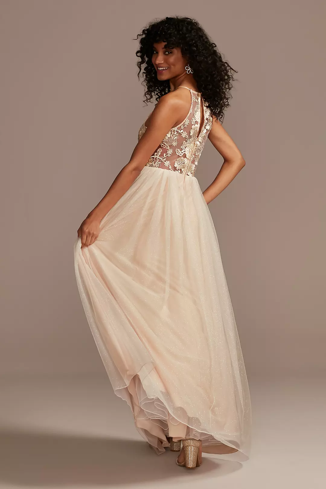 Embroidered Illusion Neck Glitter Tulle Dress Image 2