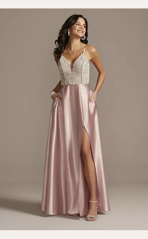 Plunging-V Beaded Bodice Satin Gown with Slit Image 1