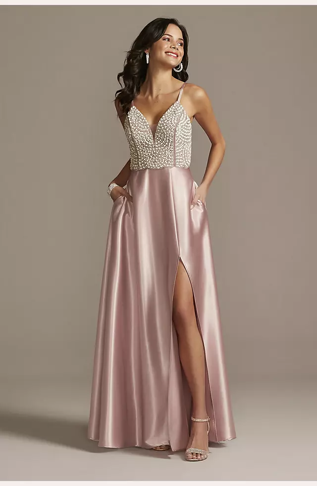 Plunging-V Beaded Bodice Satin Gown with Slit Image
