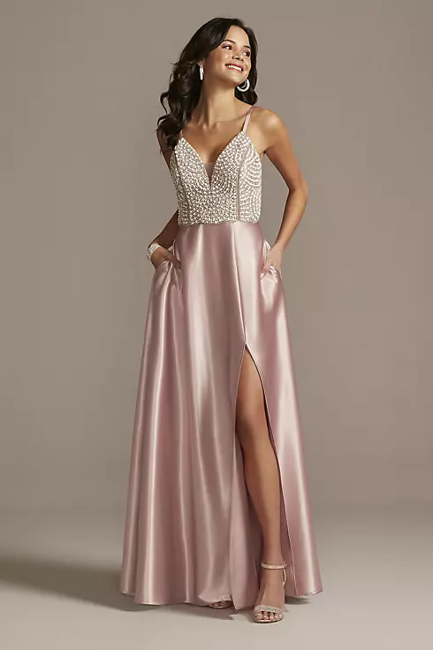 Plunging-V Beaded Bodice Satin Gown with Slit Image 1