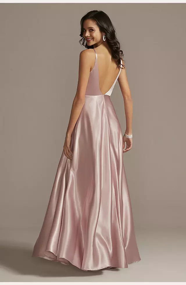 Plunging-V Beaded Bodice Satin Gown with Slit Image 2