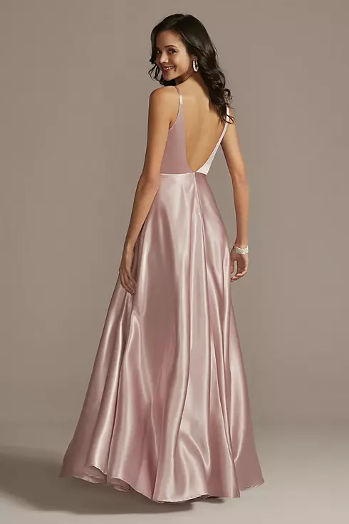 Plunging-V Beaded Bodice Satin Gown with Slit Image 2
