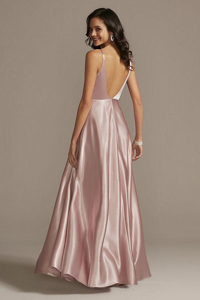 Plunging-V Beaded Bodice Satin Gown with Slit Image 5