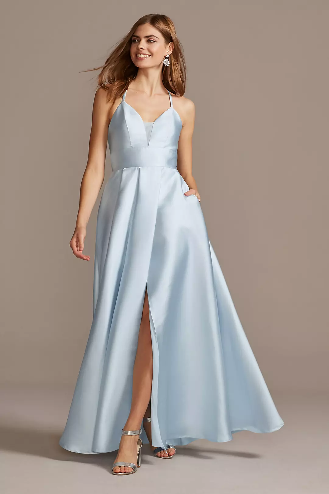 Satin Illusion Accent V-Neck Gown with Lace Back Image