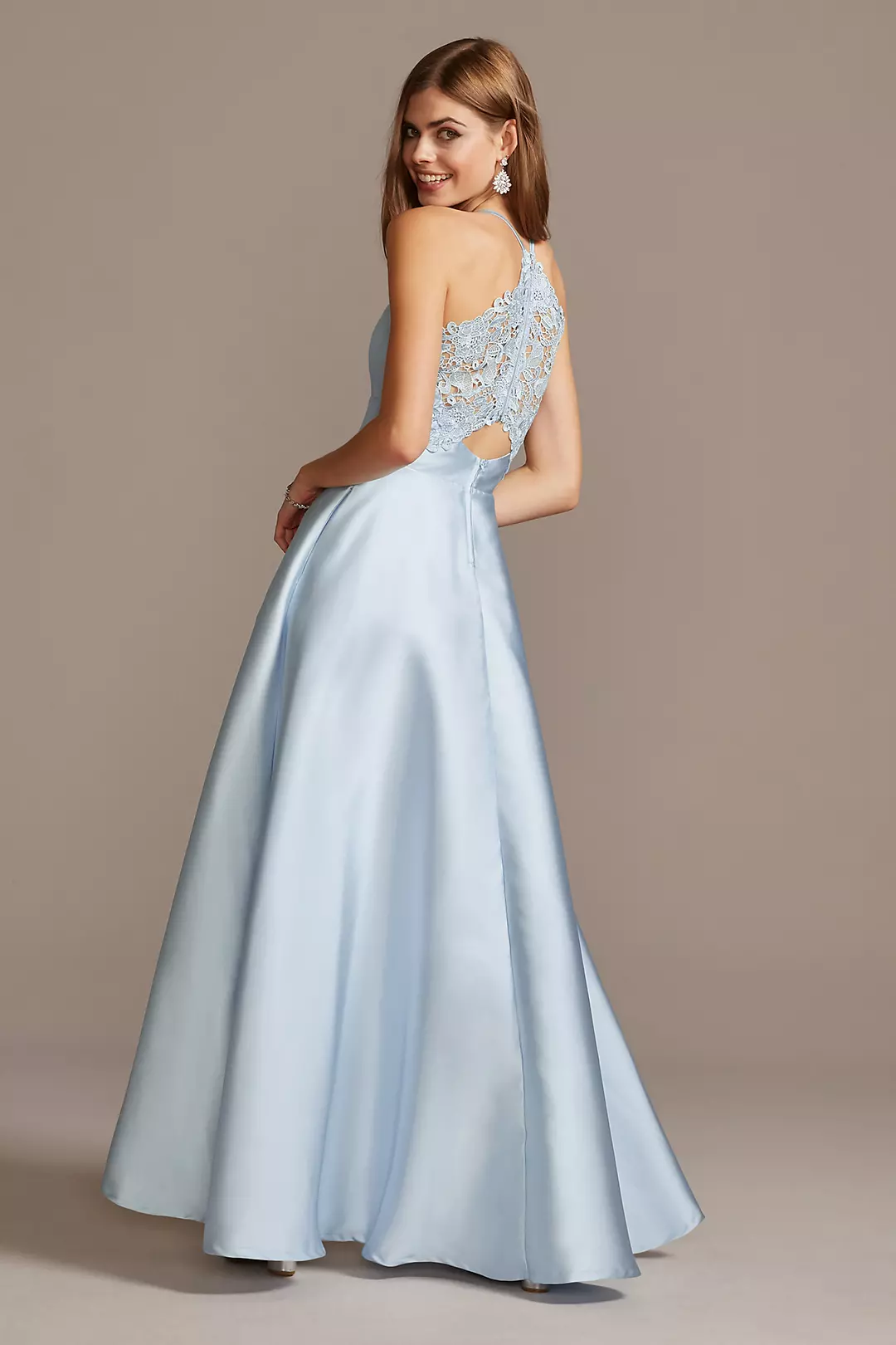 Satin Illusion Accent V-Neck Gown with Lace Back Image 2