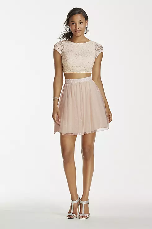 Two Piece Lace Crop Top with Short Mesh Skirt Image 1