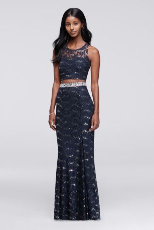 Two-Piece Crop Top and Long Skirt with Sequin Lace | David's Bridal