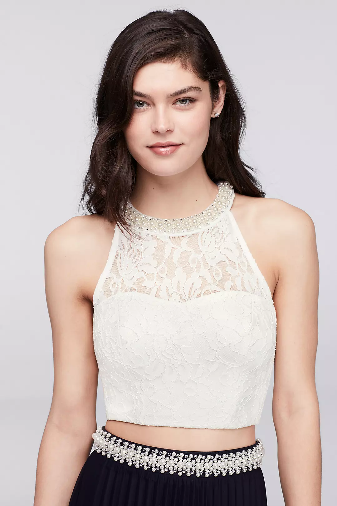 Lace Crop Top and Pleated Skirt Two-Piece Dress Image 3