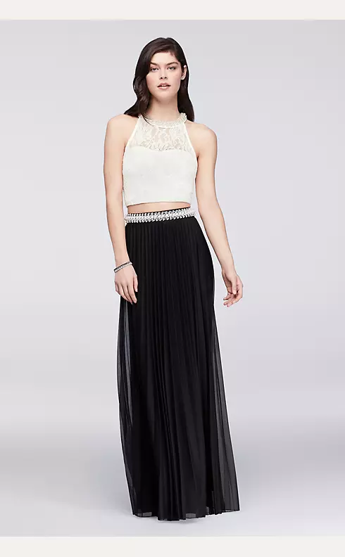 Lace Crop Top and Pleated Skirt Two-Piece Dress