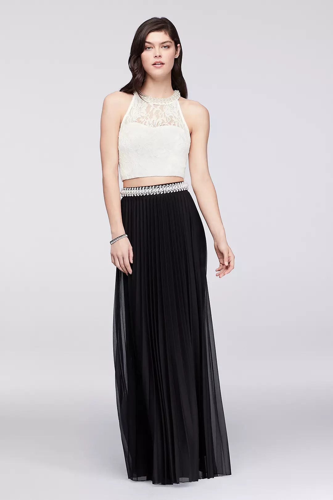 Lace Crop Top and Pleated Skirt Two-Piece Dress Image