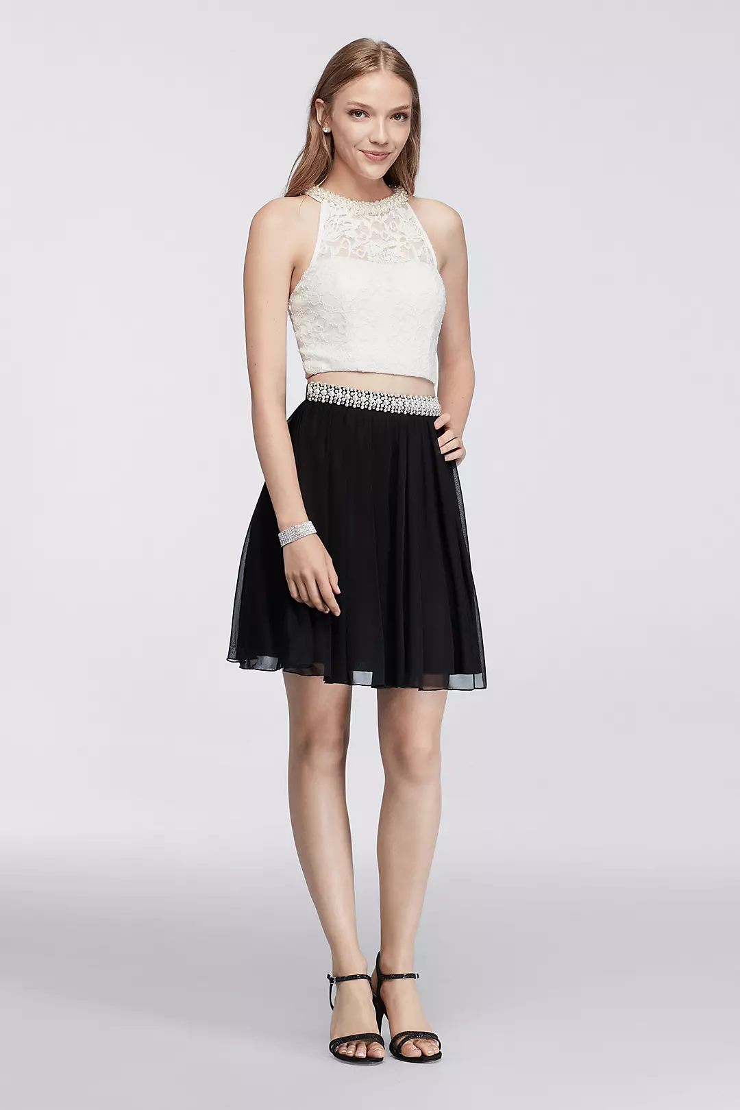 Pearl-Embellished Lace Crop Top and Chiffon Skirt Image