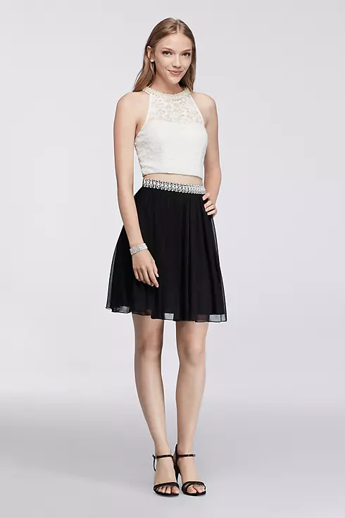 Pearl-Embellished Lace Crop Top and Chiffon Skirt Image 1